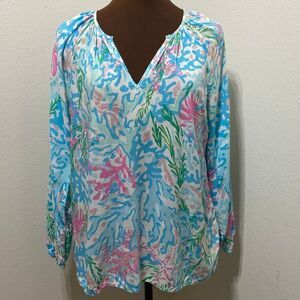 Lilly Pulitzer Willa Women Tunic Top Coral Bay Size Small Elastic Cuff LS